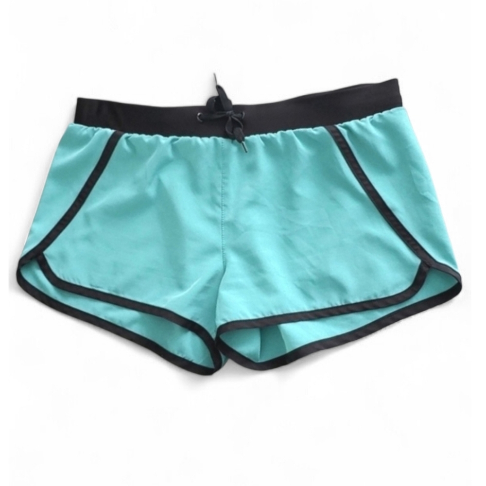 M4EO Women's Turquoise Athletic Shorts Black Trim Lightweight Stretch Size L